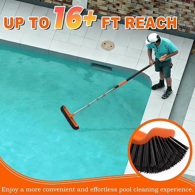 SISIUPASSIE Pool Brush Kit with Pole, Upgrade 18" Pool Brush and High-Efficiency Stainless Steel Bristles Brush with Telescopic Pole for Cleaning Pool Walls, Curved Ends, Tiles & Floors, 16 FT