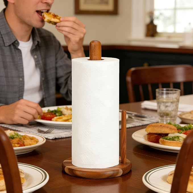 Paper Towel Holder Countertop, Acacia Wood Kitchen Roll Holder with Anti-Slip Weighted Base, Paper Towel Stand for Kitchen Bathroom Dining Table Organize