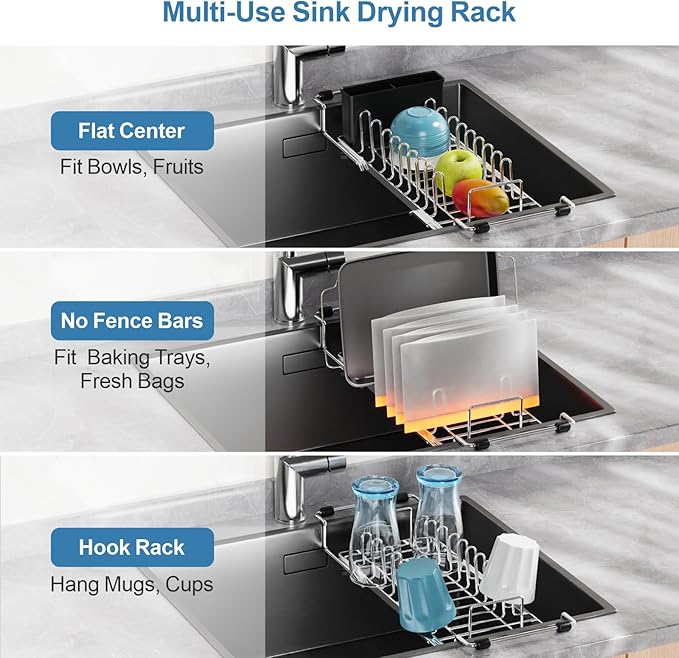 GSlife Large Capacity Expandable Dish Drying Rack with Absorbent Mat, 2-Piece Stainless Steel Dish Drainer Set for Counter with Removable Over Sink Rack, Family Size 15" W x 16.5"-21.5" L, Silver
