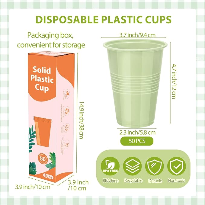 Kochorie 50 Pack Disposable Plastic Cups 16 Oz Solid Color Drinking Cups Party Supplies Strong and Sturdy Drinkware Cup For Birthday, Wedding, Baby Shower, Gender Reveal Party & Daily Use, Sage Green