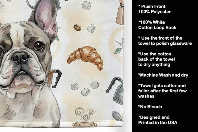 Caroline's Treasures Pied French Bulldog Coffee Bar Kitchen Towel Velour Plush Front and Cotton Loop Back Machine Washable