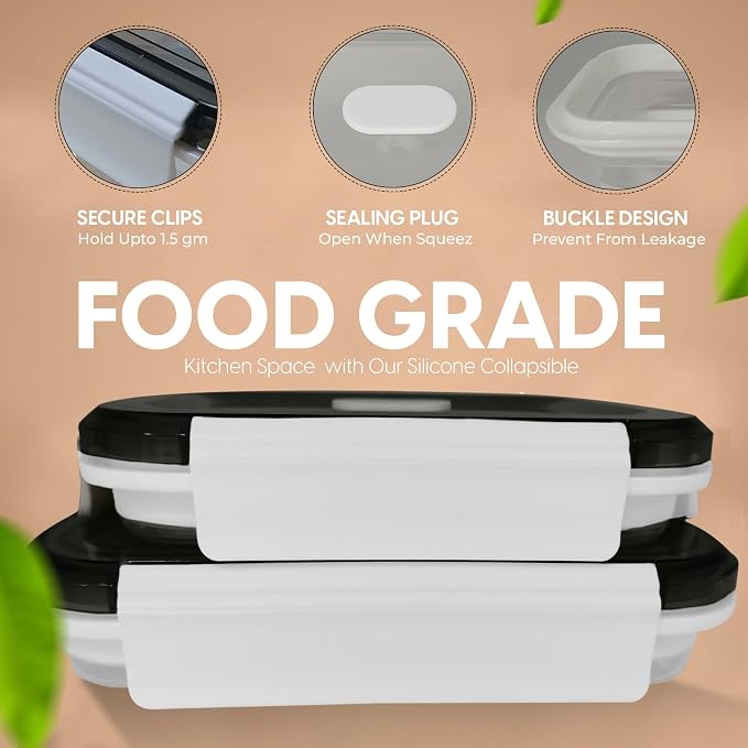 A MILLI Collapsible Food Storage Containers with Lids Set of 2, Silicone Meal Prep Containers, Foldable Stackable Lunch Box, BPA Free Microwave Freezer Dishwasher Safe, Space Saving Kitchen Camping RV