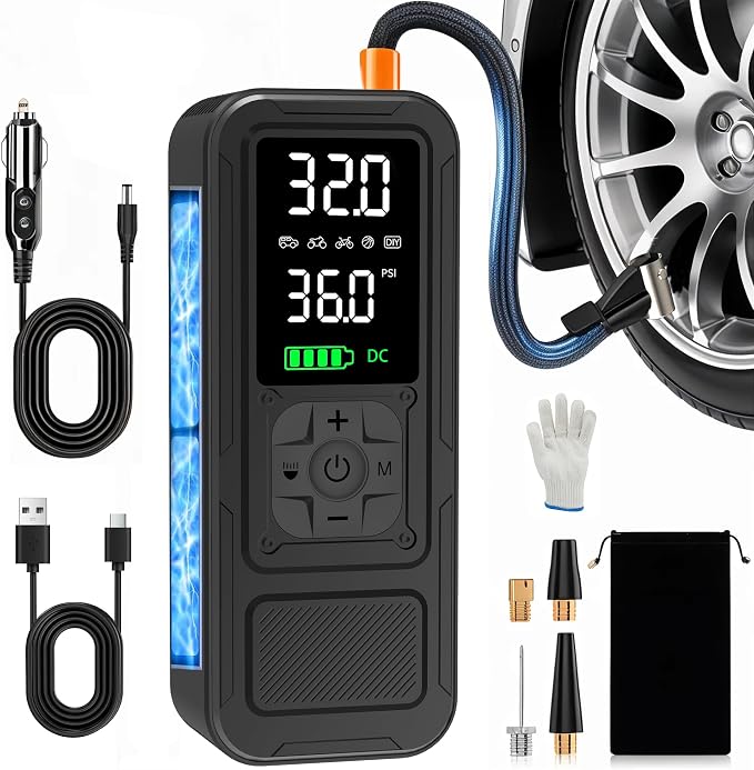 Y34 Tire Inflator Portable Air Compressor,4X Faster Inflation,8000mAh Cordless/12V DC 150PSI Air Pump with Digital Pressure Gauge for Car,Motorcycle,Bike,Ball Gifts for Him