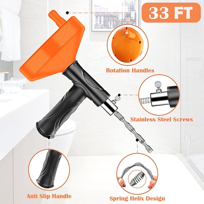 33 Ft Drain Snake Auger, Heavy Duty Plumbing Snake for Sink, Tub, and Shower, Clog Remover Drain Cleaner Tool with Gloves
