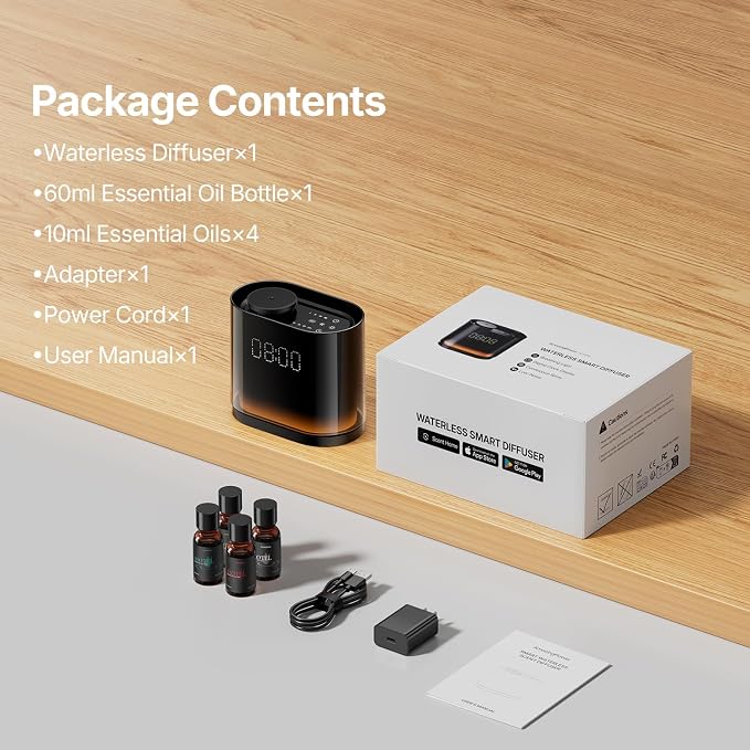 Smart Waterless Essential Oil Diffuser with 4 Hotel‑Inspired Oils | Touch & App Control, Light, Clock & Schedule – Corded Electric Air Scent Diffuser Starter Kit for Home Office