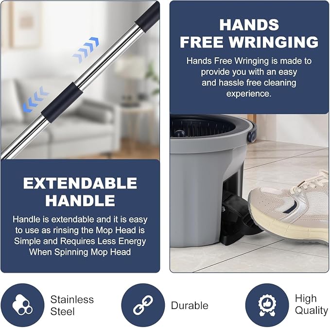Spin Mop and Bucket Set 180° Swivel Mop Head Adjustable Telescopic Handle Dual Chamber Bucket 3 Refills Dual-Action Wringing Hand-Press Foot-Peda Hands-Free Self-Cleaning System for All Floor Types