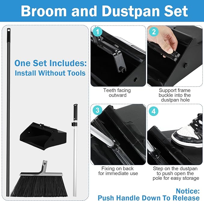 Lallisa 4 Pack Commercial Broom and Dustpan Combo Set 58'' Long Handle Upright Broom with 4-Layer Bristles Standing Dustpan Heavy Duty Lobby Dust Pan Bulk for Home Kitchen Office Indoor Outdoor Use