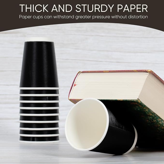 100 Pack 12 oz Disposable Coffee Cups with Lids and Straws, Insulated Ripple Wall To Go Paper Corrugated Cups, Bulk for Hot/Cold Drinks, Cafe Bar, Office, Chocolate, Cocoa (Black)