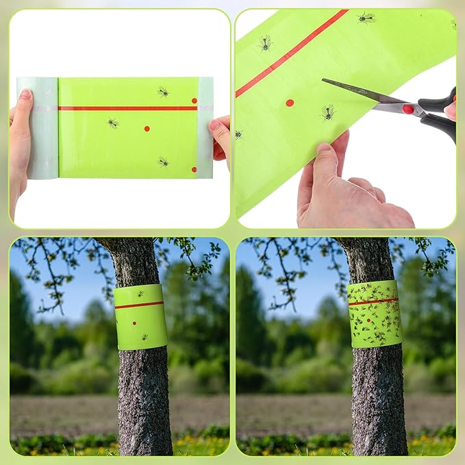 Qualirey 4 Rolls Spotted Lantern Fly Traps 30 Feet Each Roll Fly Tree Trap Sticky Strips Outdoor Fruit Glue Strips Disposable Tape Indoor Paper Sheets for Protecting Trees (Green)