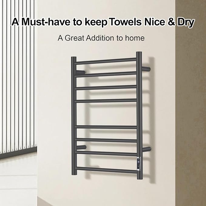 Towel Warmer Bathroom Wall Mounted Drying Rack Plug-in Electric Heated Towel Rack Stainless Steel Black with Timer & Temperature Control 8 Bar