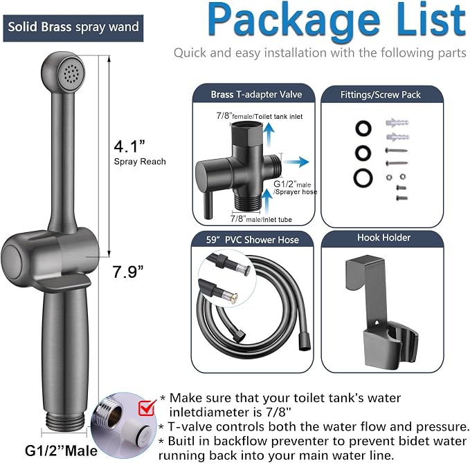 SonTiy Handheld Bidet Toilet Sprayers Black Stainless, Cloth Diaper Sprayer Bathroom Hand Held Jet Spray Bidet Attachment for Toilet with Adjustable Pressure Control, Solid Brass, 7.9" Bidet Wand