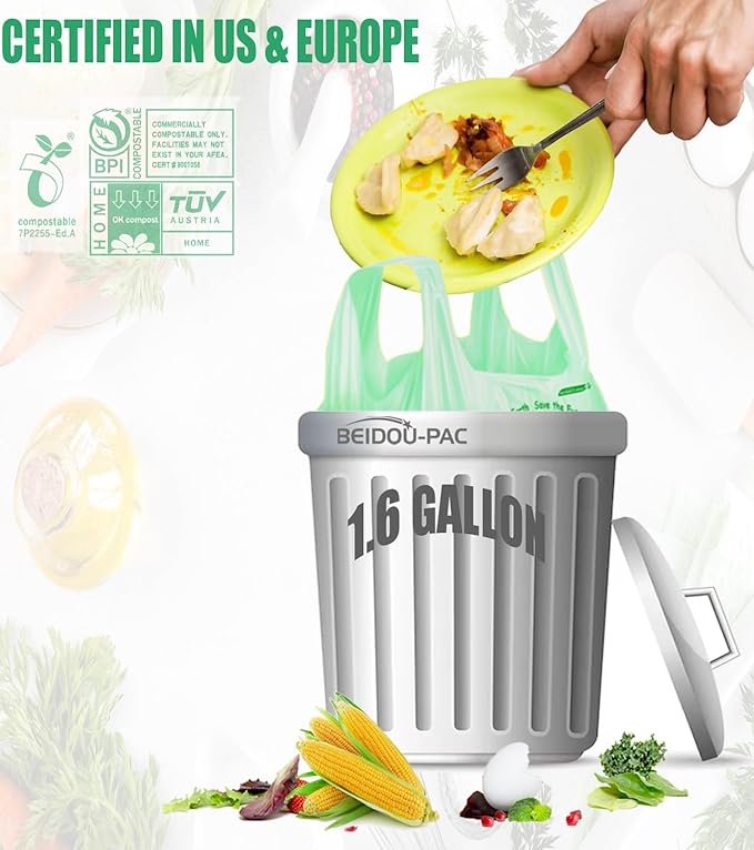 BEIDOU-PAC 1.6 Gallon Compostable Trash Bags with Handle, 125 Count Small Compost Bags, Biodegradable Kitchen Garbage Bags, Food Scrap Waste Bags for Countertop Bin, ASTM D6400, US BPI Certified