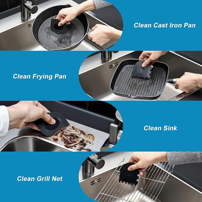 SUBEKYU 316 Stainless Steel Cast Iron Scrubber with Silicone Handle+Anti-Scratch Cast Iron Scrubber with Pan and Grill Scrapers