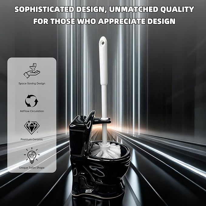 Modern Black Toilet Brush and Holder Set - Sleek Minimalist Ceramic Bathroom Accessory, Luxury Odor-Control Smart Design for Hotel & Home, Rust Resistant Handle, Compact Space Saving Decor