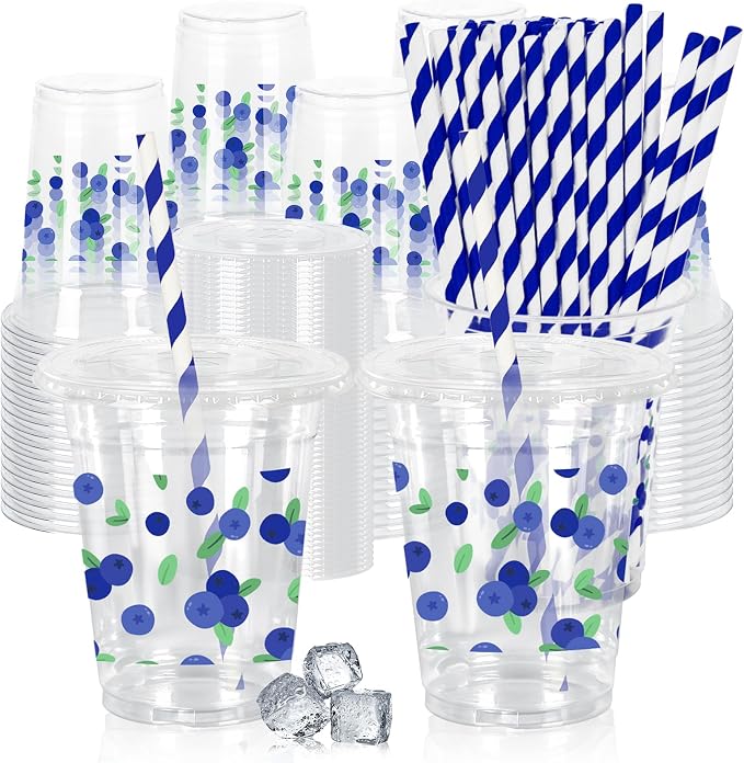 FYSUIMU 50 Pcs 12 Oz Blueberries with Leaves Plastic Cups with Lids & Straws Disposable Clear Drinking Cups for Wedding Birthday Baby Shower Party Supplies