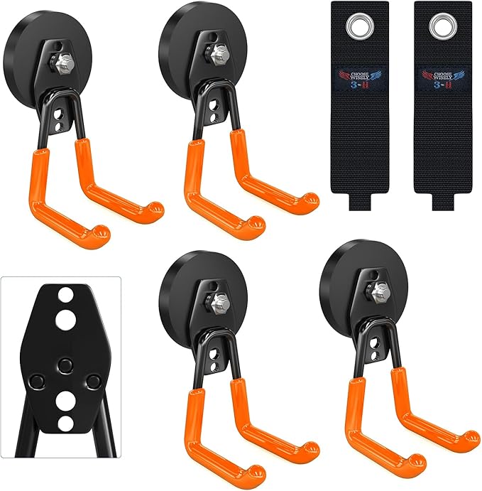 3-H Extra Strong Magnetic Hooks,Heavy Duty Large Anti-Slip Magnet Hooks,No-Drill Tool Holder for Garage,Power Drill,Garden Tools,Hose Storage,4 Pack Orange