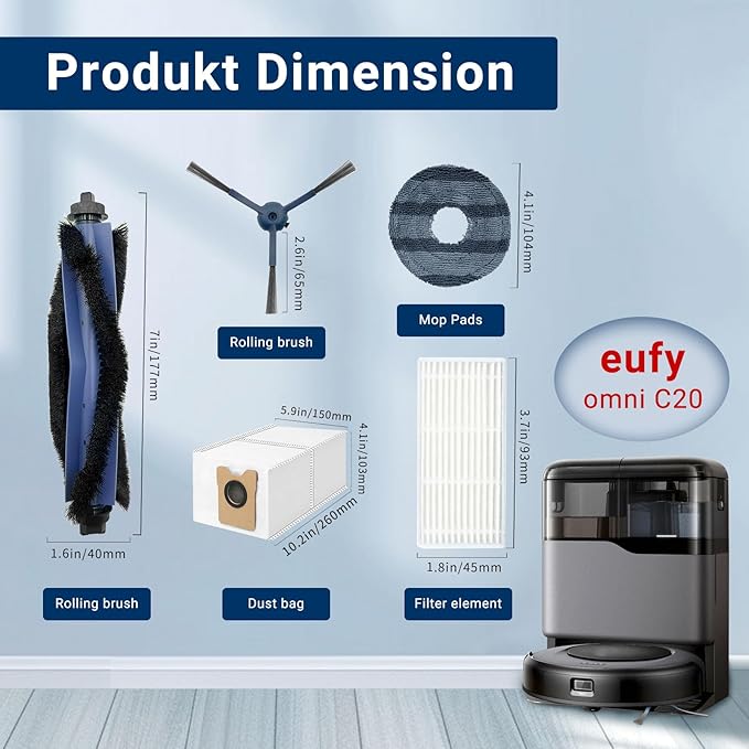 26-Pack Big Accessories Kit For Eufy Omni C20, Replacement Parts include 2 Main Brush, 6 Side Brushes, 6 Dust Bags, 6 Mop Pads, 6 Washable Filters