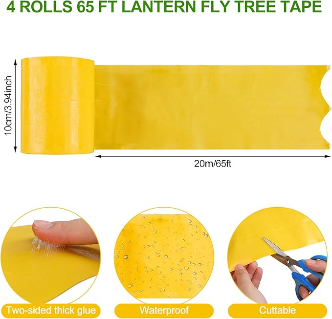 4 Rolls 260ft Lantern Fly Tree Tape Outdoor Adhesive Crawling Insect Trap Yellow Sticky Traps Sticky Barrier Protecting Trees Outdoor Indoor Fruit Tree Lawn Garden Control Aphids Ant Moth