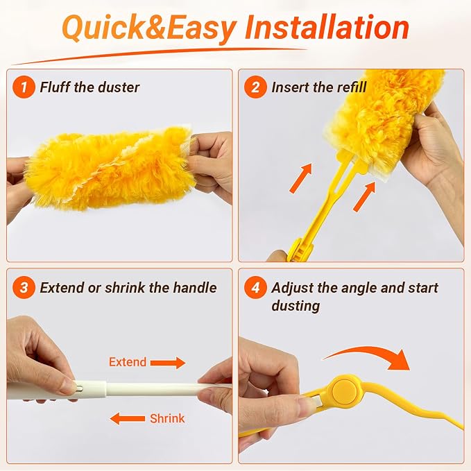 60 Count Heavy Duty Duster Refills for Swiffer Duster, 360° Double-Sided Electrostatic Dusting Pads with Upgraded Thick Fibers, 2 Handles Included, Microfiber Duster for Cleaning Home(Yellow