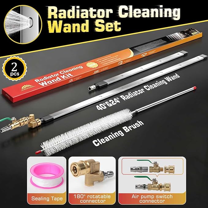40" & 24" Upgraded Radiator Cleaning Wand (2PCS) With 25° Fan Nozzles,Water and Air Dual-Use 4500 PSI Pressure Washer Tool Set for Car,Truck and Other Vehicles.