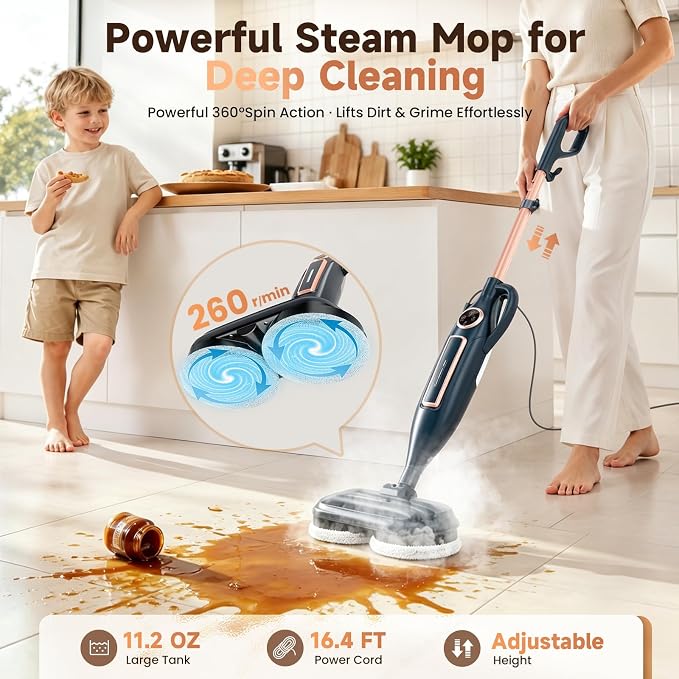 DEVOAC VM6 Scrubbing Steam Mop with Rotating Mop Pads, 10 in 1 Steam Mop, Lightweight Spin Mop & 3 Steam Modes for Hard Floor Laminate Marble Floors (Dark)