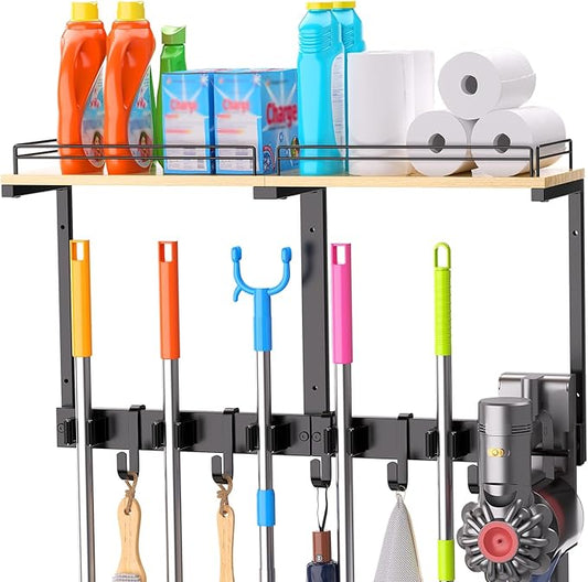HOOMESUN Broom Holder Wall Mount with Shelf & Guard Rail, Upgraded No-Fall Storage, 120 lbs Heavy Duty Cleaning Organizer, 5 Clamps 4 Hooks, Thick Metal & Wood Rack for Laundry Room Garage