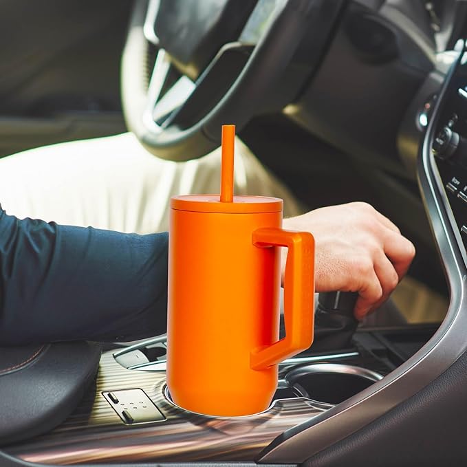 Elemental 40 oz Tumbler with Handle and Straw - Spill Proof Insulated Stainless Steel Commuter for Cold Beverages - Travel Coffee Mug with 2 Straws & Spill Proof Lid - 40oz - Orange