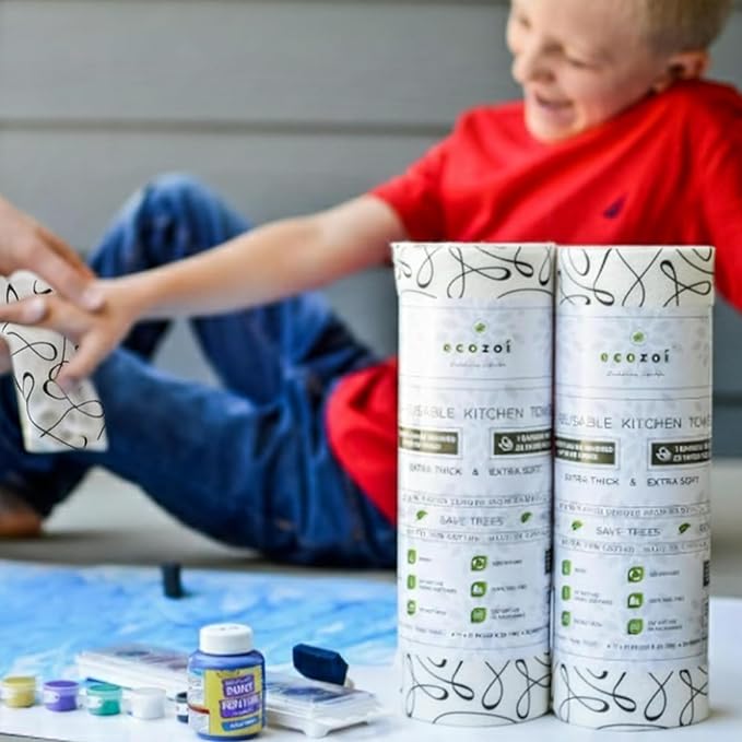 Ecozoi Bamboo Rayon Reusable Towels - 4 Pack | Equivalent to 80 Regular Rolls | 70% Rayon from Bamboo and 30% Cotton Kitchen Paper Rolls | 50 Times More Usage than Regular Paper Rolls