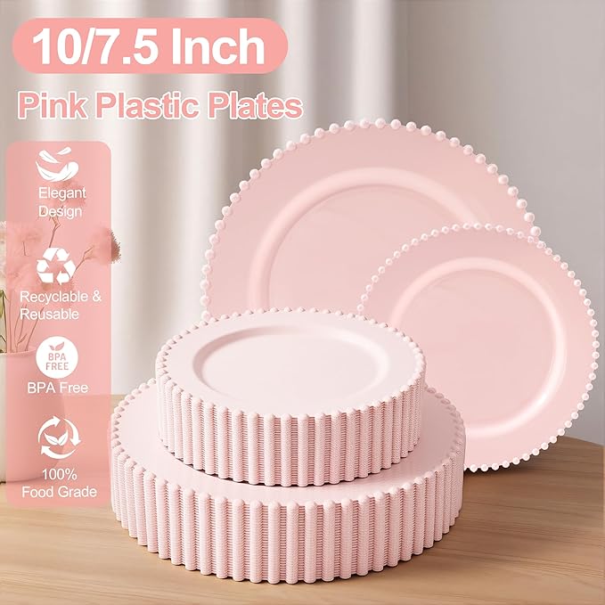 60PCS Pink Plastic Plates - Fancy Disposable Beaded Pink Plates Include 30 Dinner Plate 10’’ & 30 Dessert Disposable Plate 7’’ for Birthday, Baby Shower Spring, Wedding, Party & Mother's Day