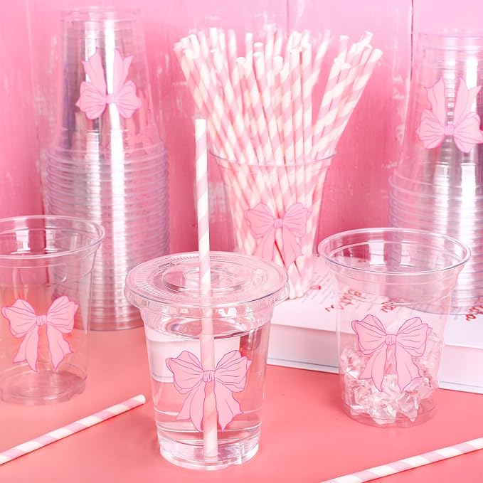 Whaline 50 Pcs Pink Bow Disposable Plastic Cups with Lids and Straws 12 Oz Coquette Ribbon Bow Cold Beverage Drinking Cups for Wedding Birthday Baby Shower Party Supplies