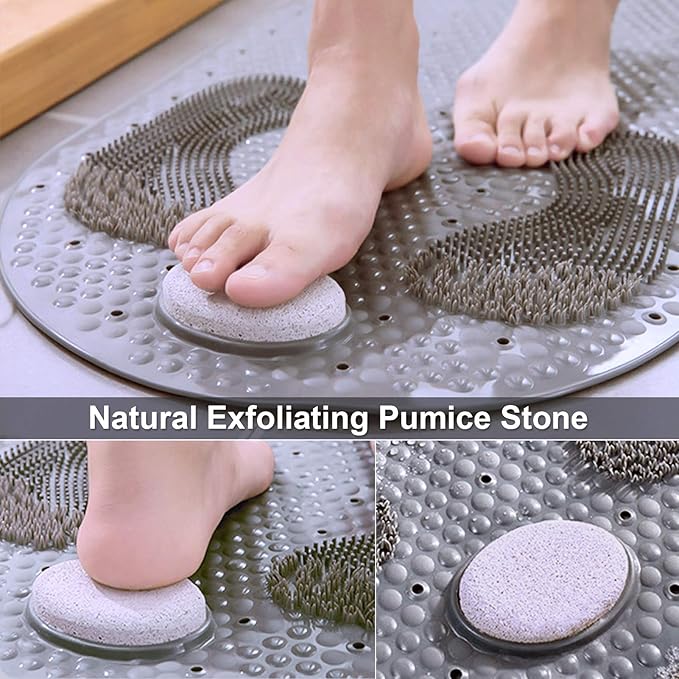 MOLFUJ 32"X16" Foot Scrubber Shower Mat with Feet Scrub Stone, Oval Bathtub Mat with Antislip Suction Cups and Drain Holes, Non Slip with A Pumice Stone for Feet Massage - Grey