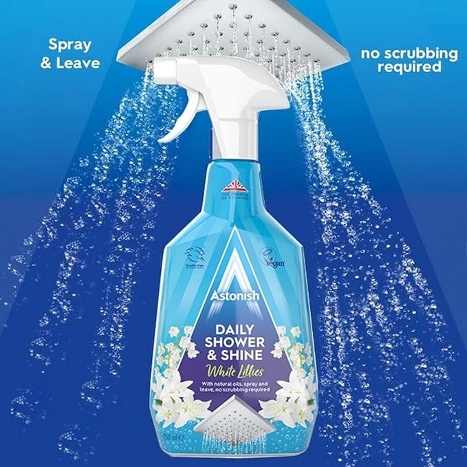 Astonish Daily Shower Shine White Lilies Cleaning Spray 3 Pack - No Scrub After Shower Spray Foam Prevents Watermarks & Buildup - Cruelty-Free Household Cleaning Products,750ml Spray Bottles