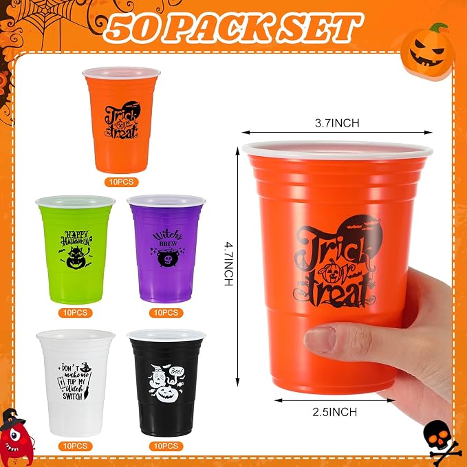 Lallisa 50 Pcs Halloween Plastic Cups 16 oz Disposable Halloween Party Cups Funny Pumpkin Ghost Skull Cat Drinking Tumbler Drinkware for Holiday Party Favors Supplies Family Dinner Decor