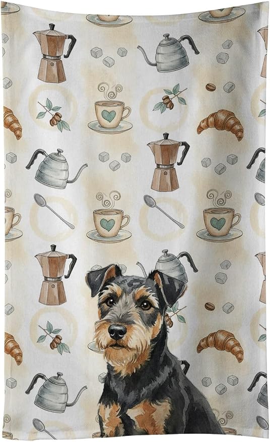 Caroline's Treasures Black and Tan Lakeland Terrier Coffee Bar Kitchen Towel Velour Plush Front and Cotton Loop Back Machine Washable