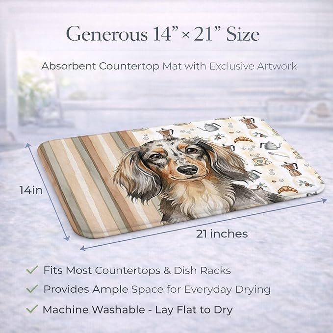 Caroline's Treasures Longhaired Dapple Dachshund Coffee Bar Dish Drying Mat Absorbent Dish Drying Mat Pad for Kitchen Counter Dish Drainer Mat for Countertop, 14 x 21", Multicolor