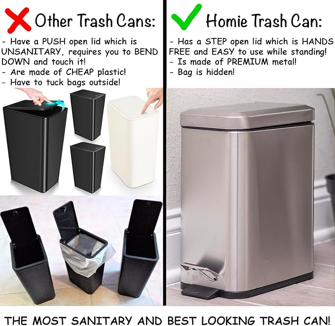Homie Soft Close, Slim Trash Can 3.2 Gallon with Anti - Bag Slip Liner and Lid, Use as Mini Garbage Basket, Slim Dust Bin, or Decor in Bathroom, Restroom, Kitchen, or Bedroom (Stainless Steel)