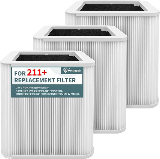 3-Pack Replacement Filter Compatible with Blue Pure 211+ Air Purifier, H13 True HEPA Replacement Filters Foldable Particle and Odor-Reducing Filter