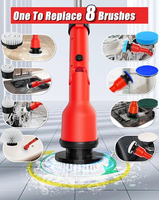 Uniqwamo Electric Spin Scrubber Compatible for Milwaukee 18V Battery(Battery NOT Included), 1000 RPM Battery Powered Scrubber with Adjustable Extension Arm & 8 Brushes & Gloves for Tub/Tile/Floor
