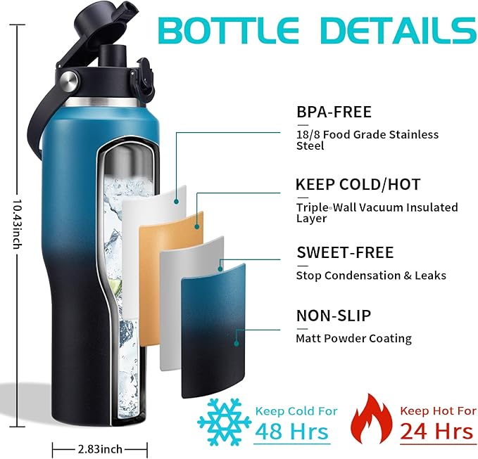 32oz Water Bottles with Straw - Travel Stainless Steel Water Bottle, Carrier Bag with Strap, 32 oz Tumbler Water Cup Fits Car Cup Holders