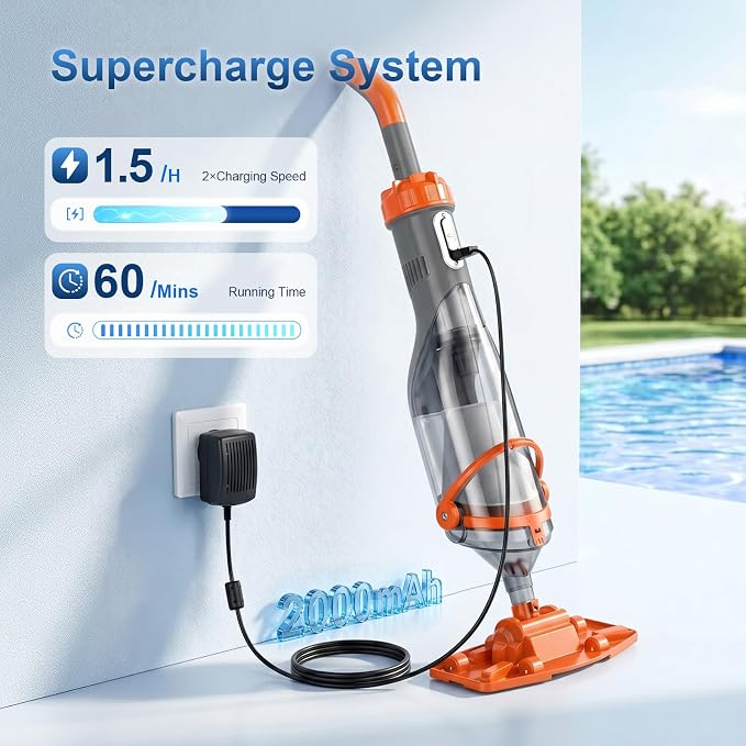 COWSAR Pool Vacuum for Above Ground Pool, VortexForce™ Technology 18.5GPM Strong Suction, 60 Min Runtime Cordless Pool Vacuum with 13.4" Wide Head & 59” Telescopic Pole for Pools/Spas/Hot Tubs, Orange