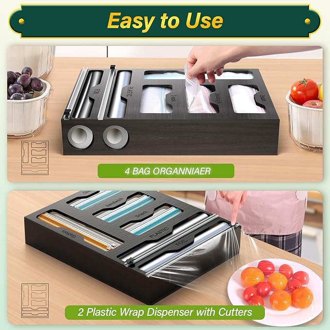 KOCWELL Bag Organizer & Plastic Wrap Dispenser with Cutter, 6 In 1 Bamboo Foil & Plastic Wrap Organizer for Kitchen, Food Storage Bag Organizer