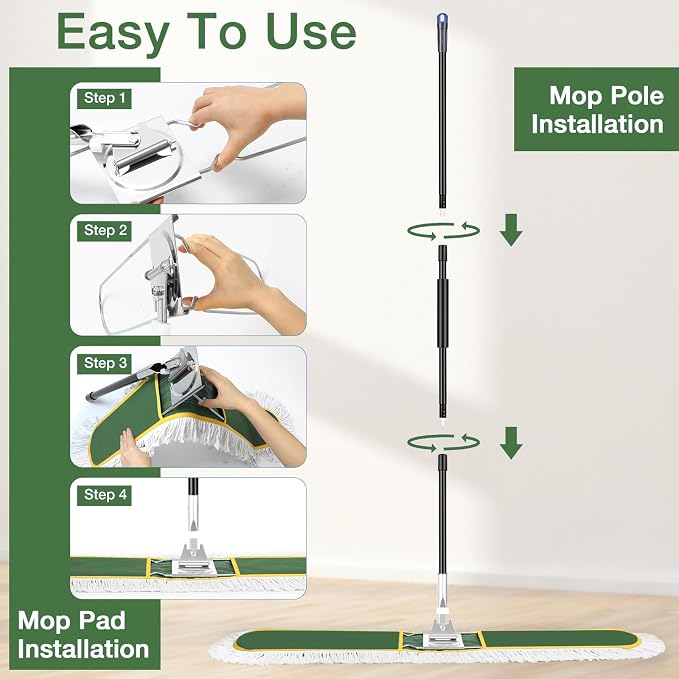 48" Commercial Dust Mop for Floor Cleaning with 2 Cotton Mop Pads | Heavy Duty Wet Dry Broom with 65" Metal Handle for Commercial Industrail Office Garage Warehouse Factory Mall/Green