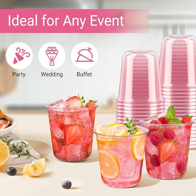 Soelomu 100 Pcs Pink Plastic Cups, 12 oz Disposable Stemless Wine Glasses Round Bottom Cocktail Party Cups for Wedding Birthday Meeting Gathering