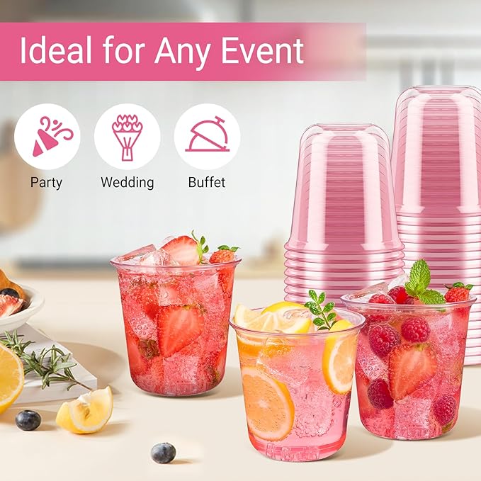 Soelomu 12 oz Pink Plastic Cups, 50 Pcs Disposable Stemless Wine Glasses Round Bottom Cocktail Party Cups for Wedding Birthday Meeting Gathering