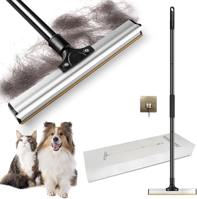 Dual Side Pet Hair Remover, Adjustable Carpet Rake Hair Removal Tool with Copper Serrated & Silicone Edge, Reusable Dog Cat Hair Remover Broom for Embedded Fur Removal from Carpet