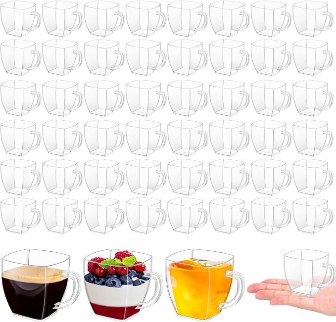 Amyhill 50 Pcs Mini Disposable Tea Cups with Handle, 2oz Hard Plastic Coffee Mug Bulk Plastic Square Disposable Espresso Cups for Wedding Tea Party Catering Dessert Sampling (Transparent)