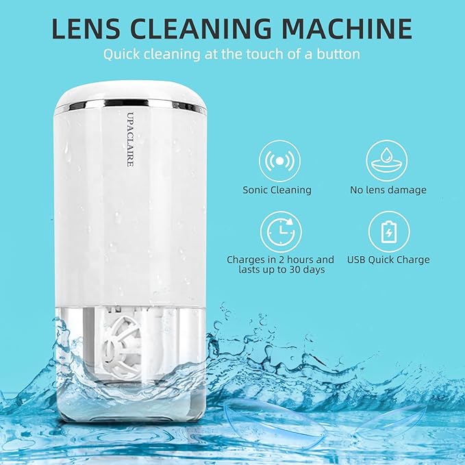 Portable Ultrasonic Contact Lens Cleaner with USB Charger and Solution Soak Case - Soft, Colored,