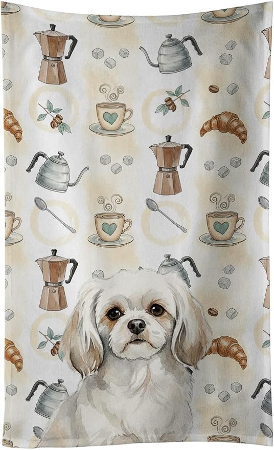 Caroline's Treasures White Tibetan Spaniel Coffee Bar Kitchen Towel Velour Plush Front and Cotton Loop Back Machine Washable