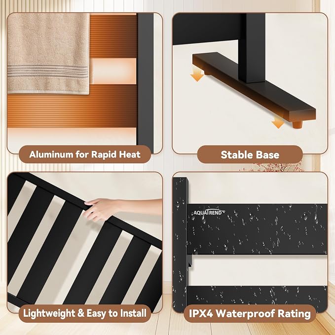 Towel Warmers for Bathroom, WiFi Freestanding & Wall Mounted Electric Heated Towel Rack, 6 Flat Bars, Aluminum, Timer & Temperature Control, Large Heating Surface, Black