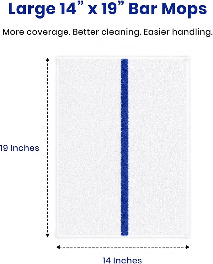 Bar Mops Pack of 36 (14" x 19") - 100% Cotton Cleaning Rags for Housekeeping - Thick, Absorbent & Reusable Bar Towels for Cleaning House & Restaurant - Kitchen Towels Bulk (Blue Stripe)